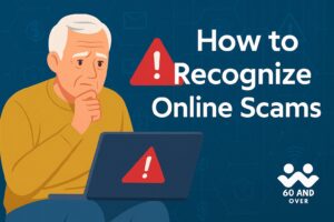 Senior looking at laptop with caution while alert icons appear, symbolizing online scams.