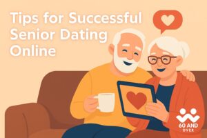 Managing Arthritis Pain Naturally 4 A smiling senior couple enjoying coffee together while browsing a dating app on a tablet, symbolizing safe and successful online dating for older adults.