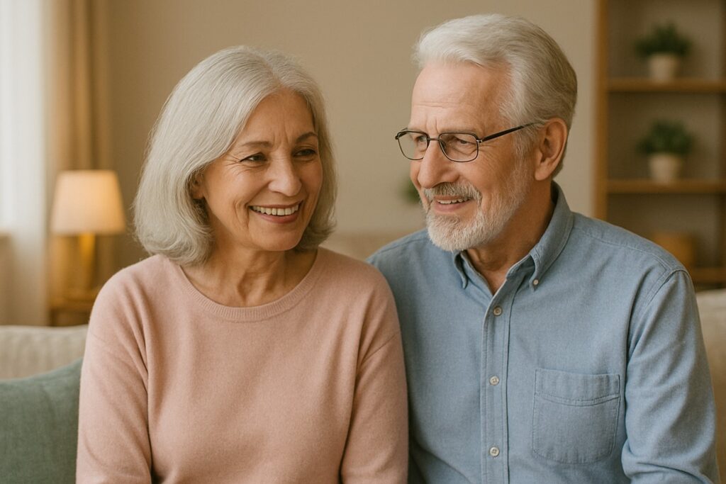 Smiling senior couple sitting together on a couch in a warm living room, representing companionship and meaningful connection.