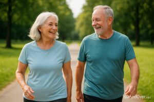 Idaho Senior Communities 9 Smiling senior couple walking together in a park, enjoying a healthy lifestyle