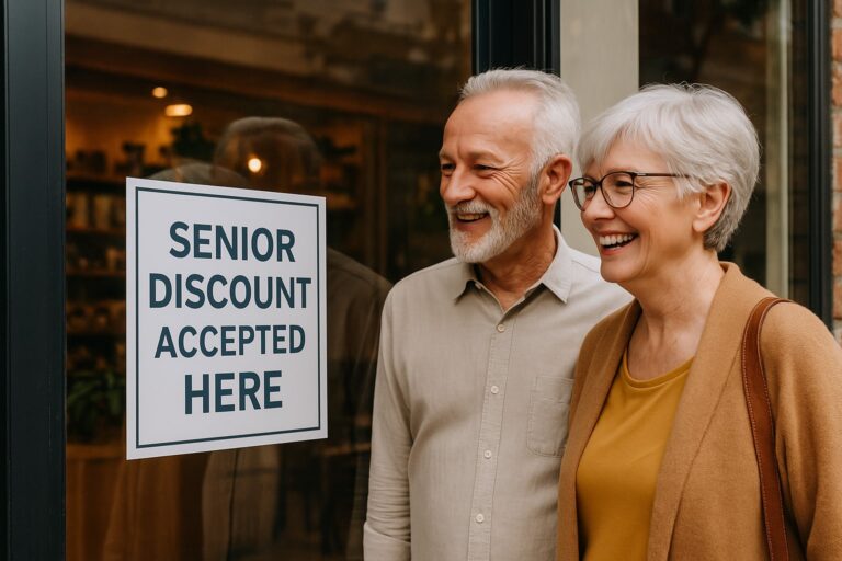 Local business offering senior discount to smiling older couple.