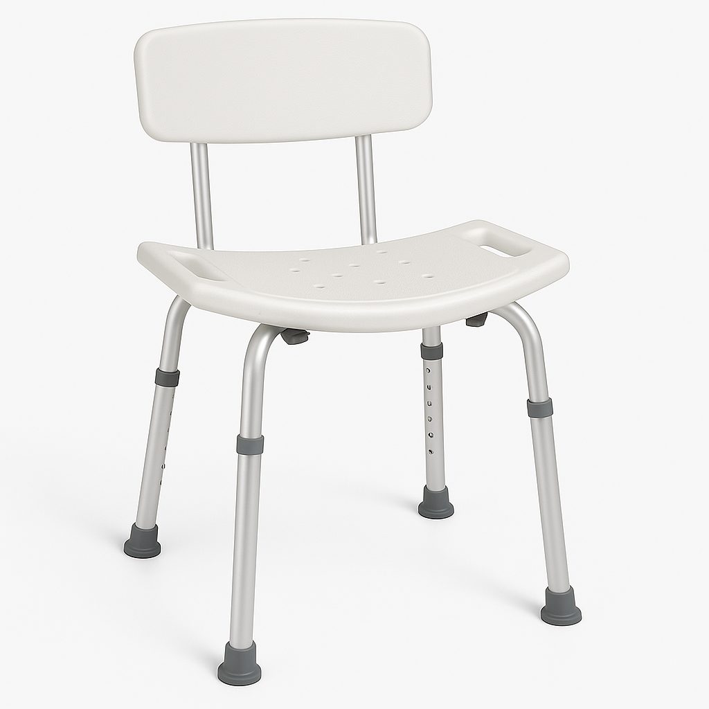 Bathroom Safety Tips for Seniors: Simple Upgrades That Prevent Falls and Improve Daily Confidence 17 Shower chair with adjustable legs and backrest designed for senior bathroom safety.