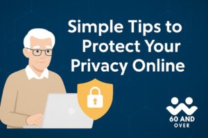 Senior adjusting privacy settings on a laptop with lock icon overlay.