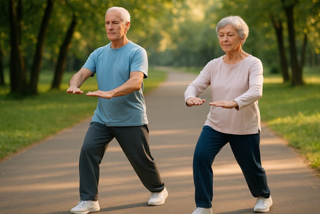 Tai Chi Walking for Seniors: What It Is, How It Works & Why It’s Exploding in Popularity 2 Senior man and woman practicing Tai Chi Walking outdoors on a peaceful park path to improve balance and mobility.