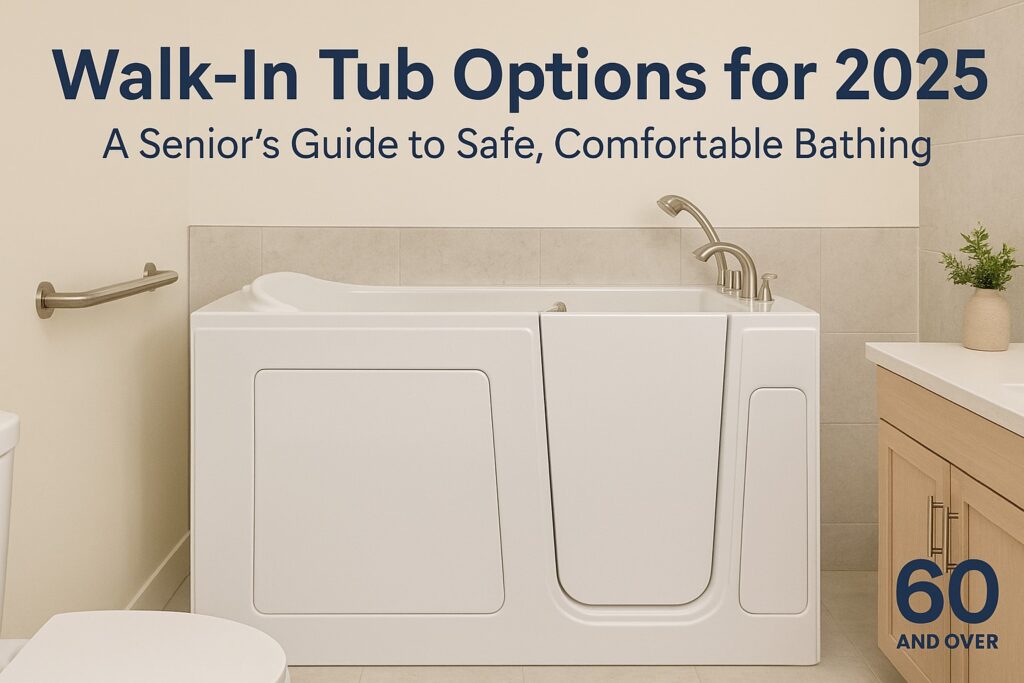 Walk-In Tub Options for 2025: A Senior’s Guide to Safe, Comfortable Bathing 2 Walk-in tub with accessible door and grab bar in a senior-friendly bathroom, used for the Walk-In Tub Options for 2025 guide.
