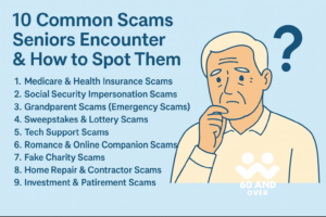 Informational graphic titled “10 Common Scams Seniors Encounter & How to Spot Them” showing a list of the most frequent scams targeting older adults, an illustrated senior thinking with a question mark, and the 60AndOver.net logo in the bottom right corner.