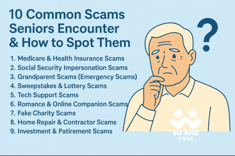 Informational graphic titled “10 Common Scams Seniors Encounter & How to Spot Them” showing a list of the most frequent scams targeting older adults, an illustrated senior thinking with a question mark, and the 60AndOver.net logo in the bottom right corner.