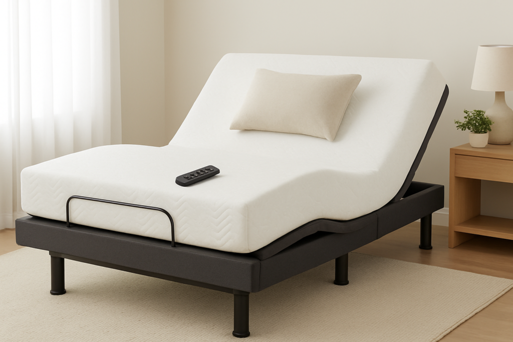 Adjustable bed with elevated head and foot sections in a calm, senior-friendly bedroom
