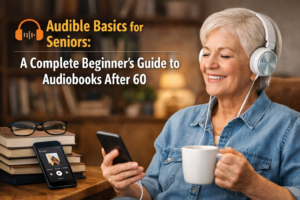 Pennsylvania Senior Communities 7 Senior woman listening to an audiobook on her phone using headphones while relaxing at home