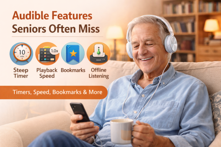 Senior man listening to an audiobook on a smartphone with headphones while relaxing at home