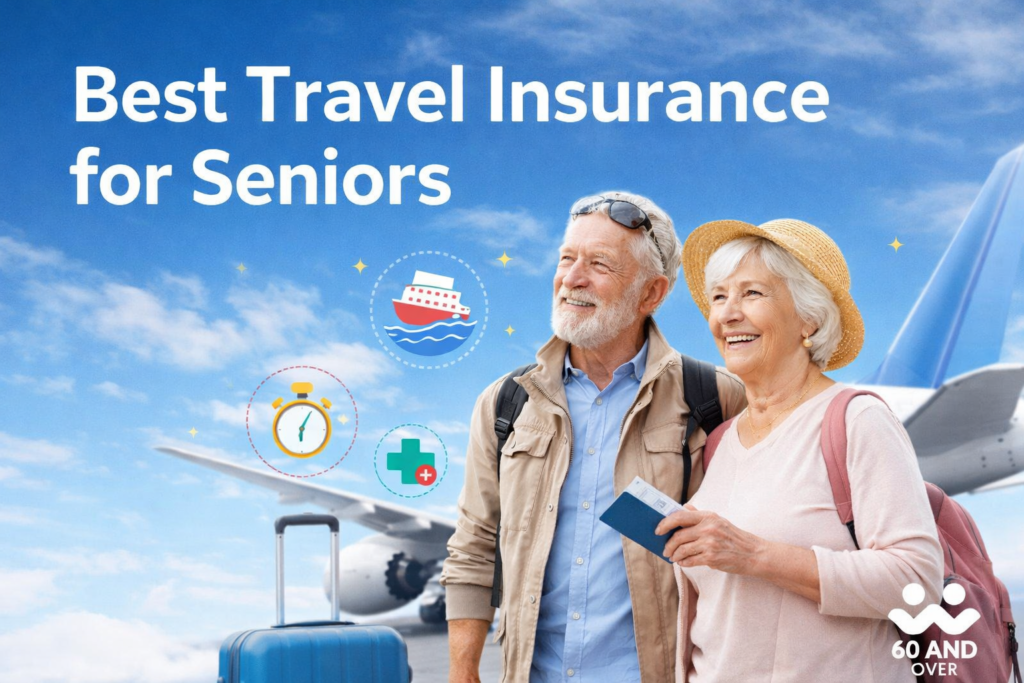 Senior couple traveling with luggage and airplane background representing travel insurance coverage for seniors