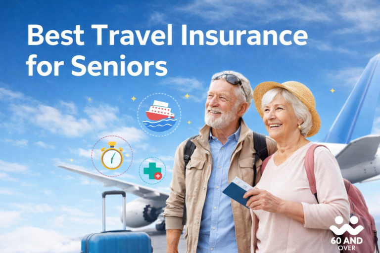 Senior couple traveling with luggage and airplane background representing travel insurance coverage for seniors