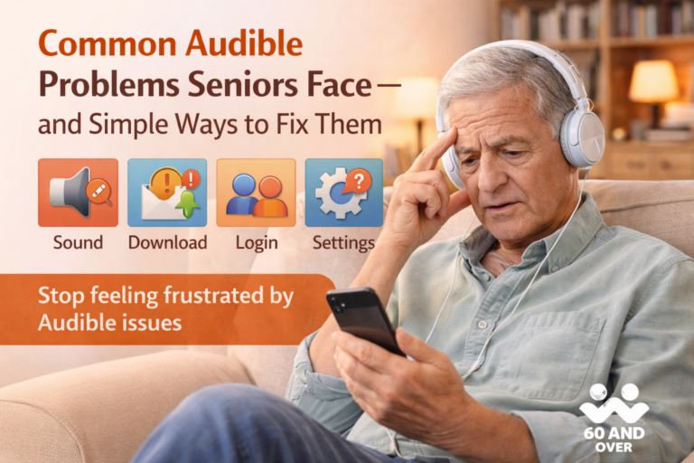 Senior man wearing headphones looking concerned while using Audible on a smartphone at home