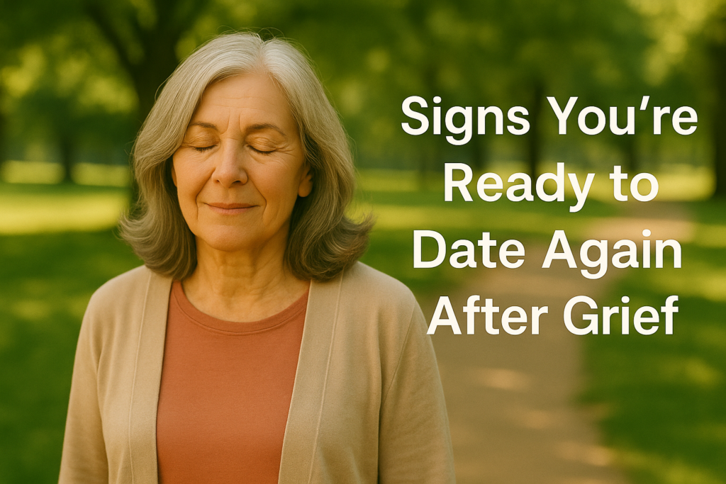10 SIGNS YOU’RE READY TO DATE AGAIN AFTER GRIEF 4 A thoughtful senior woman looking out into soft natural light, symbolizing reflection, healing, and emotional readiness to date again after losing a spouse.