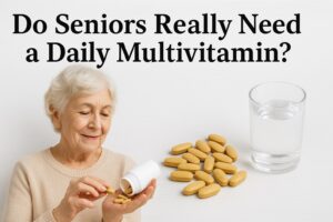 Older adult holding vitamin tablets and a glass of water