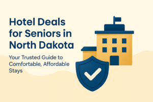 Feature image showing hotel and shield icons representing senior hotel deals in North Dakota.