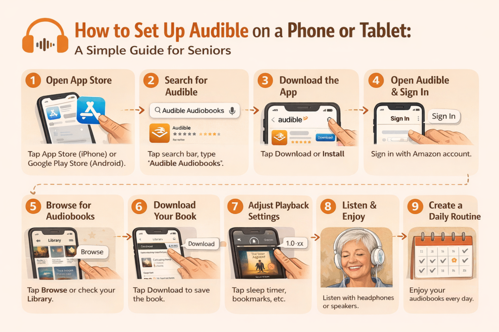 Step-by-step infographic showing how seniors can set up Audible on a phone or tablet
