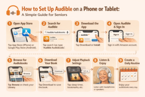 A Senior’s Guide to Choosing the Right Travel Insurance 6 Step-by-step infographic showing how seniors can set up Audible on a phone or tablet
