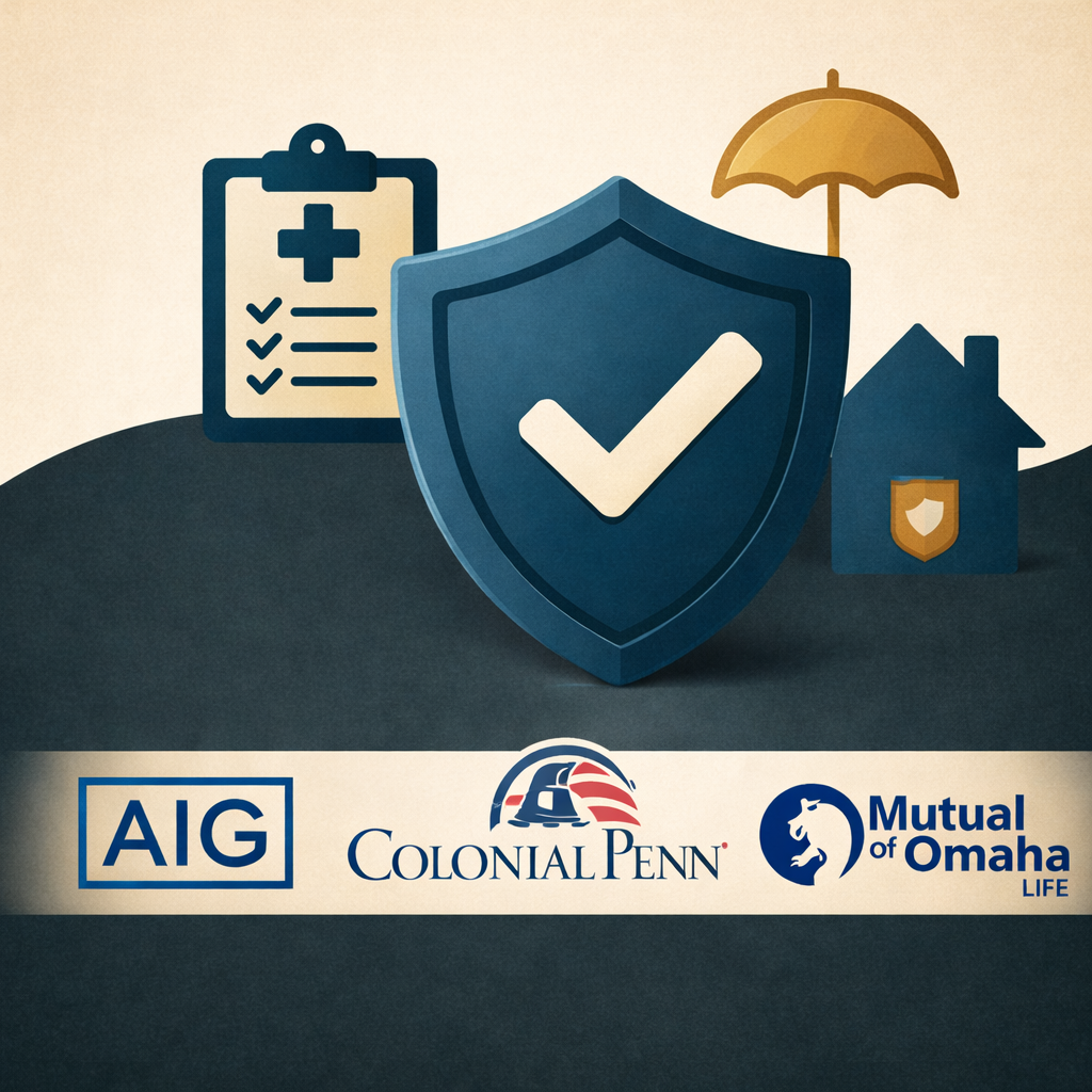 Illustration showing established life insurance providers commonly considered by seniors, including AIG, Colonial Penn, and Mutual of Omaha Life