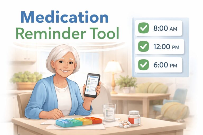 Senior woman using a medication reminder tool on her phone with a daily pill organizer on the table