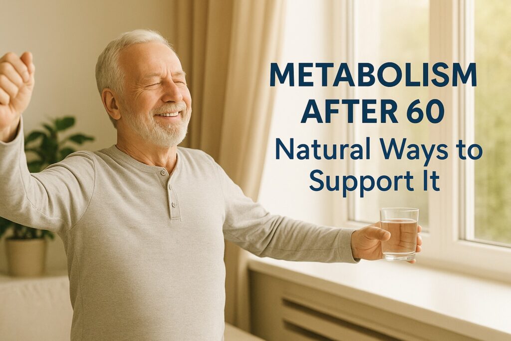Why Metabolism Changes After 60 — And How to Support It Naturally 2 A smiling senior man stretching in warm morning light while holding a glass of water, representing natural ways to support metabolism after age 60