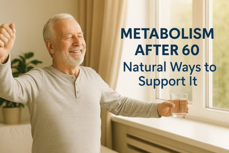 A smiling senior man stretching in warm morning light while holding a glass of water, representing natural ways to support metabolism after age 60