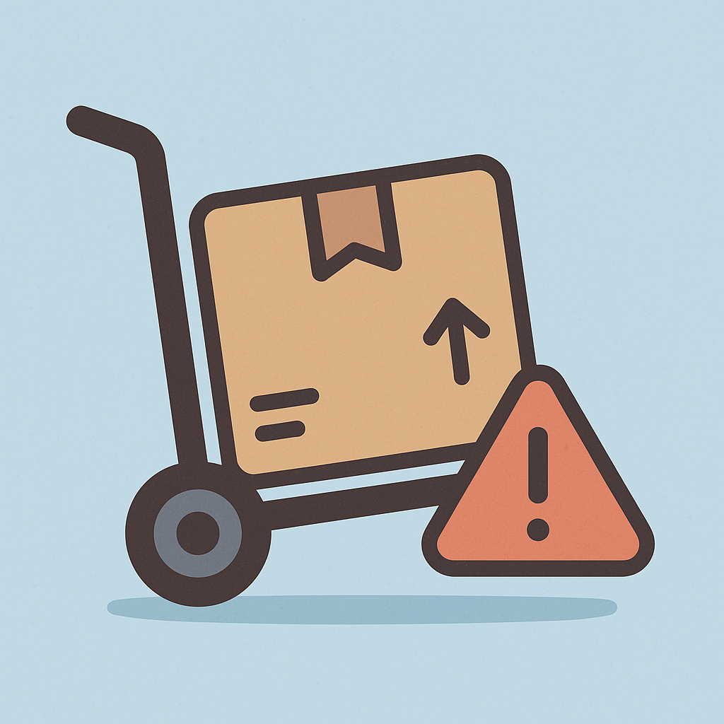 Illustration of a cardboard package on a hand truck with a warning triangle symbol, representing online shopping and package delivery scams.
