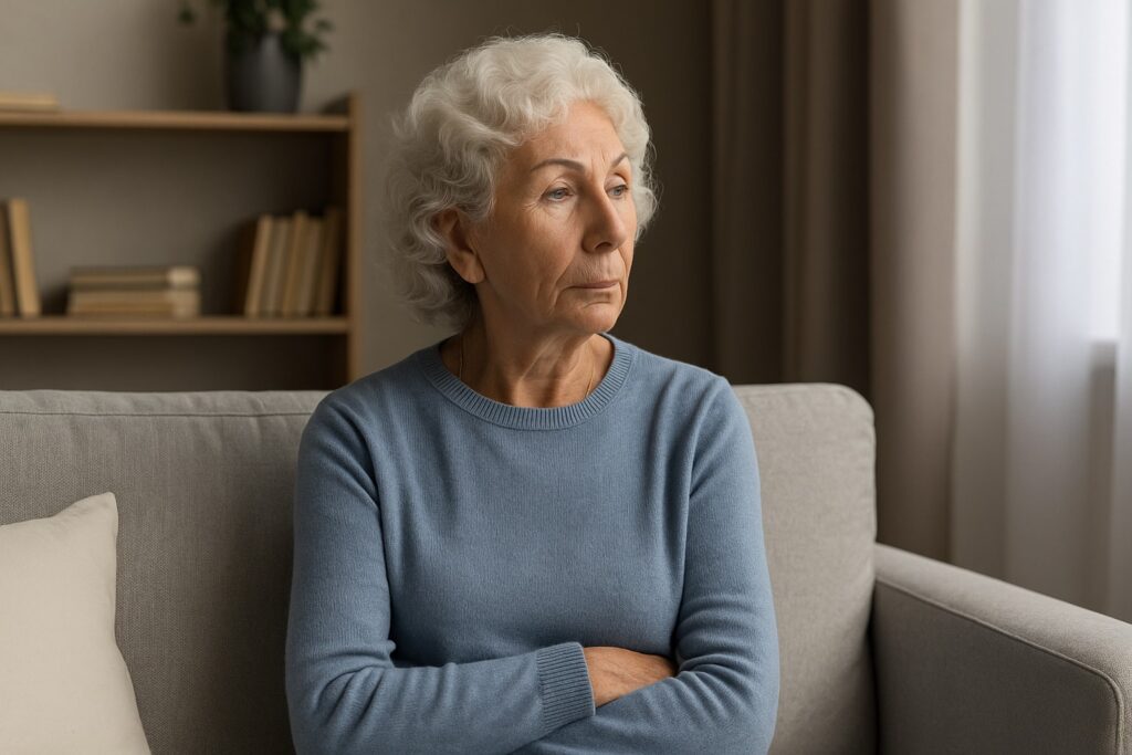 Handling Senior Loneliness With Calm, Compassionate Support After 60 2 Older woman sitting quietly, reelecting in a calm