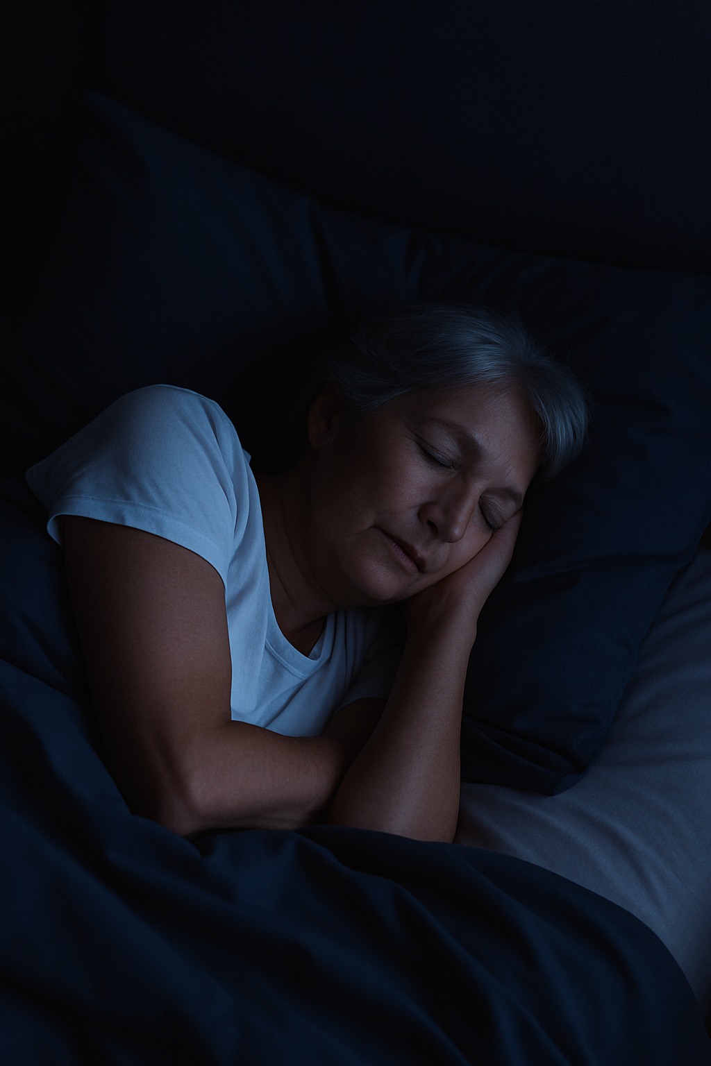 Low-light peaceful bedroom scene with an elderly woman sleeping restfully in bed