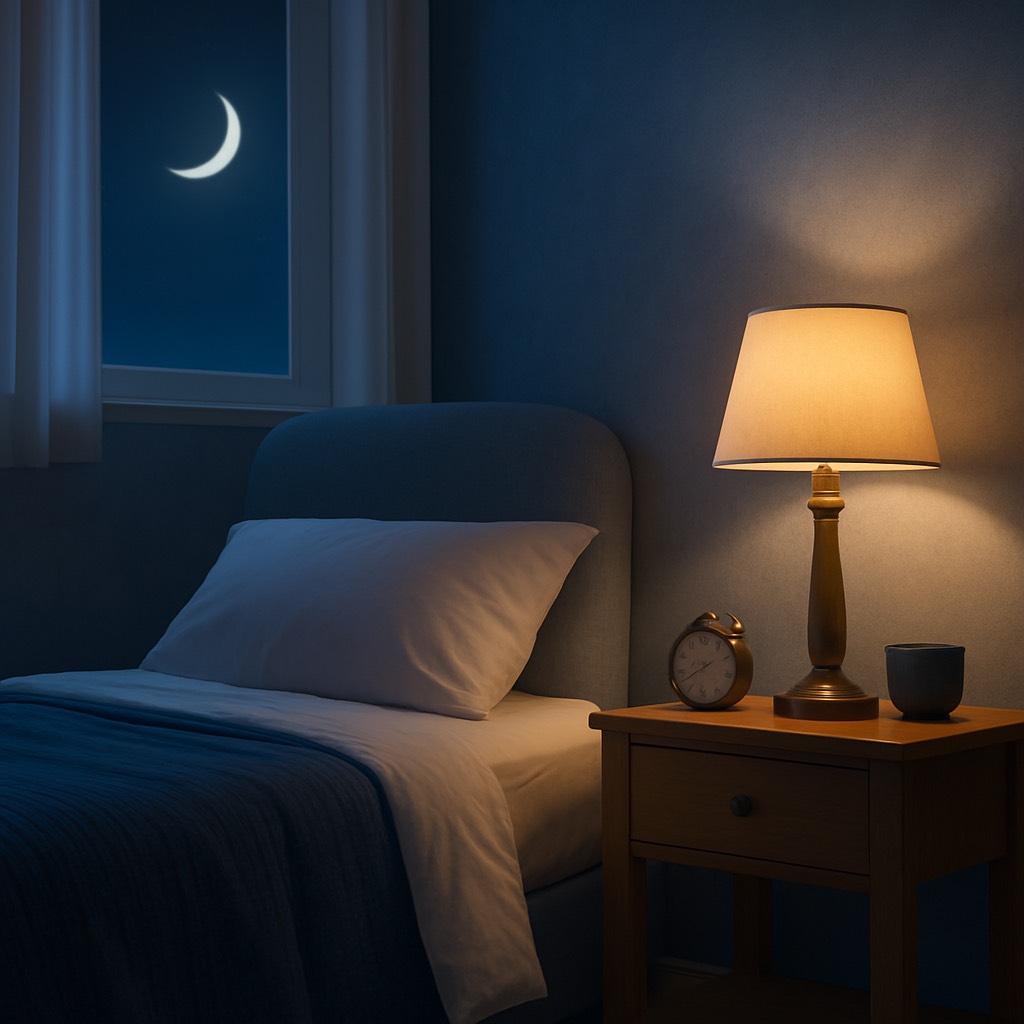 A cozy bedroom at night with a lit bedside lamp, a neatly made bed, an alarm clock, and a crescent moon visible through the window.