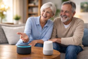 Older couple using Alexa and Google Home smart speakers together in a comfortable living room setting