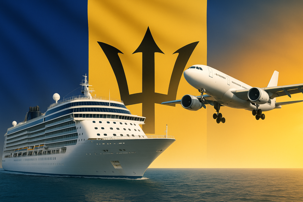 Barbados for Seniors: A Calm, Comfortable & Confidence-Building Guide for Your 2025 Trip 3 Cruise ship and commercial airplane with the Barbados flag in the background, representing travel options to Barbados for seniors.