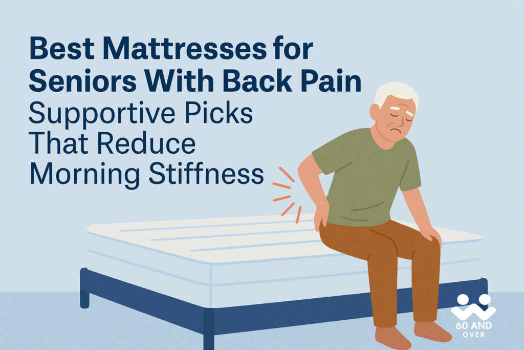 Illustration of a senior man holding his lower back in discomfort while sitting on a mattress, representing back pain relief and mattress recommendations, with the 60AndOver.net logo in the bottom right corner.