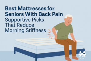 Illustration of a senior man holding his lower back in discomfort while sitting on a mattress, representing back pain relief and mattress recommendations, with the 60AndOver.net logo in the bottom right corner.