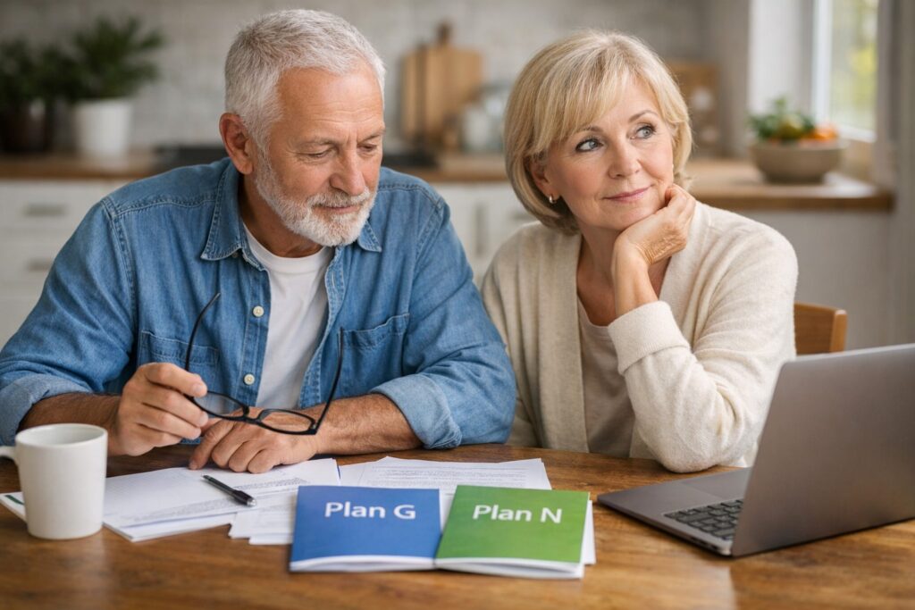 Senior couple reviewing Medigap plan options together at home