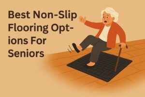 Kitchen Safety Tips for Seniors 6 Senior woman slipping on a non-slip floor mat, used to illustrate the best non-slip flooring choices for seniors.