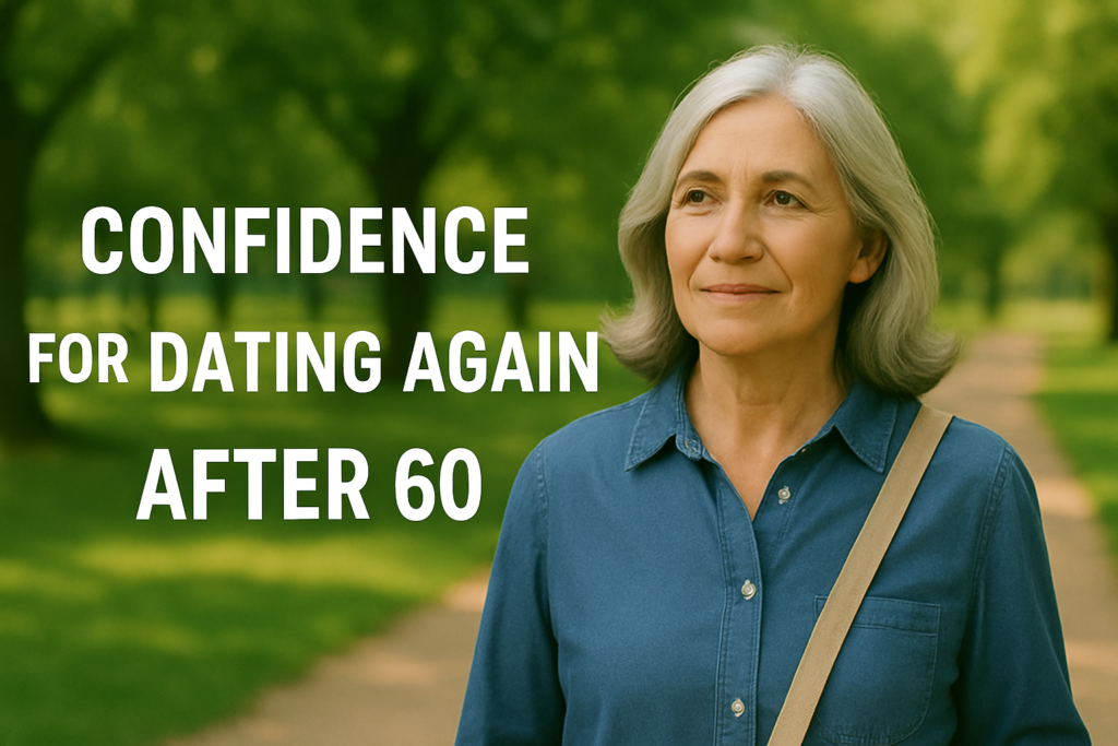 Senior woman walking confidently through a peaceful park, representing strength and renewed readiness for dating after 60.