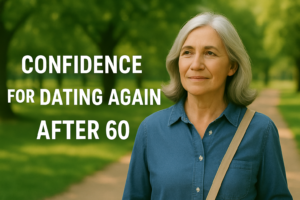 Senior woman walking confidently through a peaceful park, representing strength and renewed readiness for dating after 60.