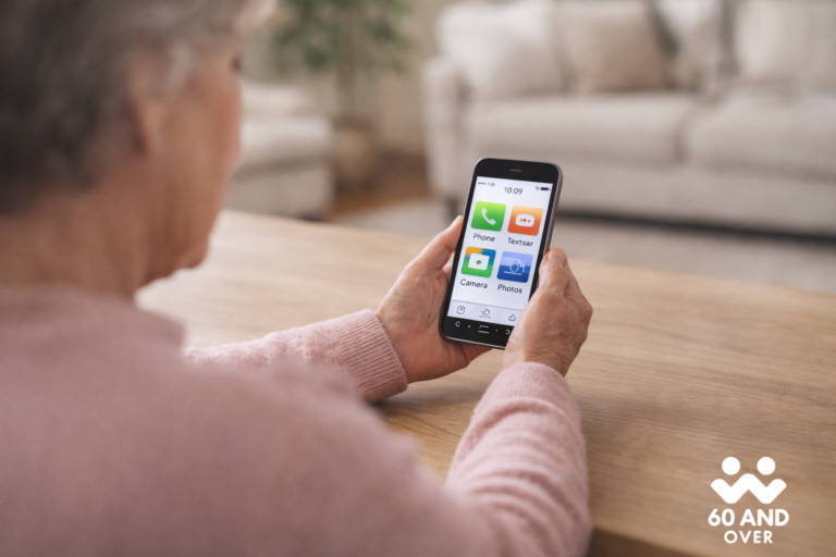 Senior using an easy-to-read smartphone with large icons at home