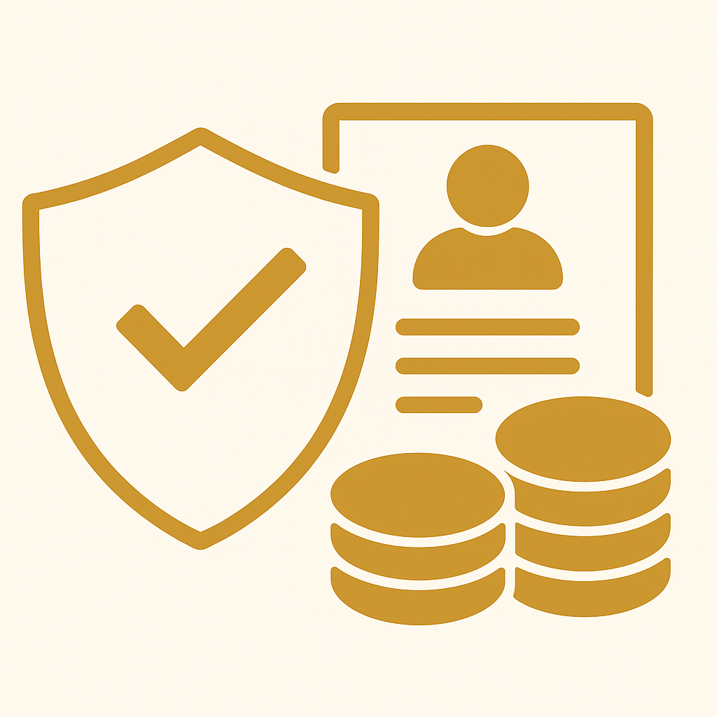 Gold vector icon showing a shield with a checkmark, a policy document, and stacked coins representing guaranteed-issue life insurance for seniors.