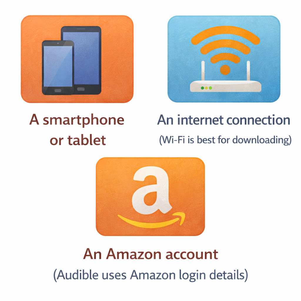 Icons showing a smartphone or tablet, a Wi-Fi internet connection, and an Amazon account needed to use Audible