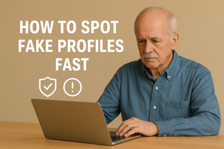 Older woman reviewing an online dating profile on her phone with safety icons around her and text that reads “How to Spot Fake Profiles Fast.