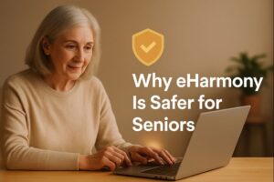 Pennsylvania Senior Communities 6 Senior woman using a laptop with a safety shield icon and text explaining why eHarmony is safer for seniors.