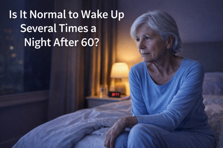Senior woman sitting on bed at night after waking up several times