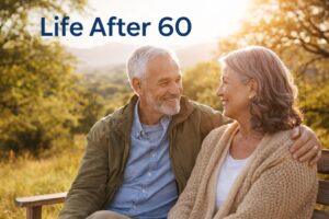 Older couple sitting outdoors together, representing life after 60 with connection and comfort