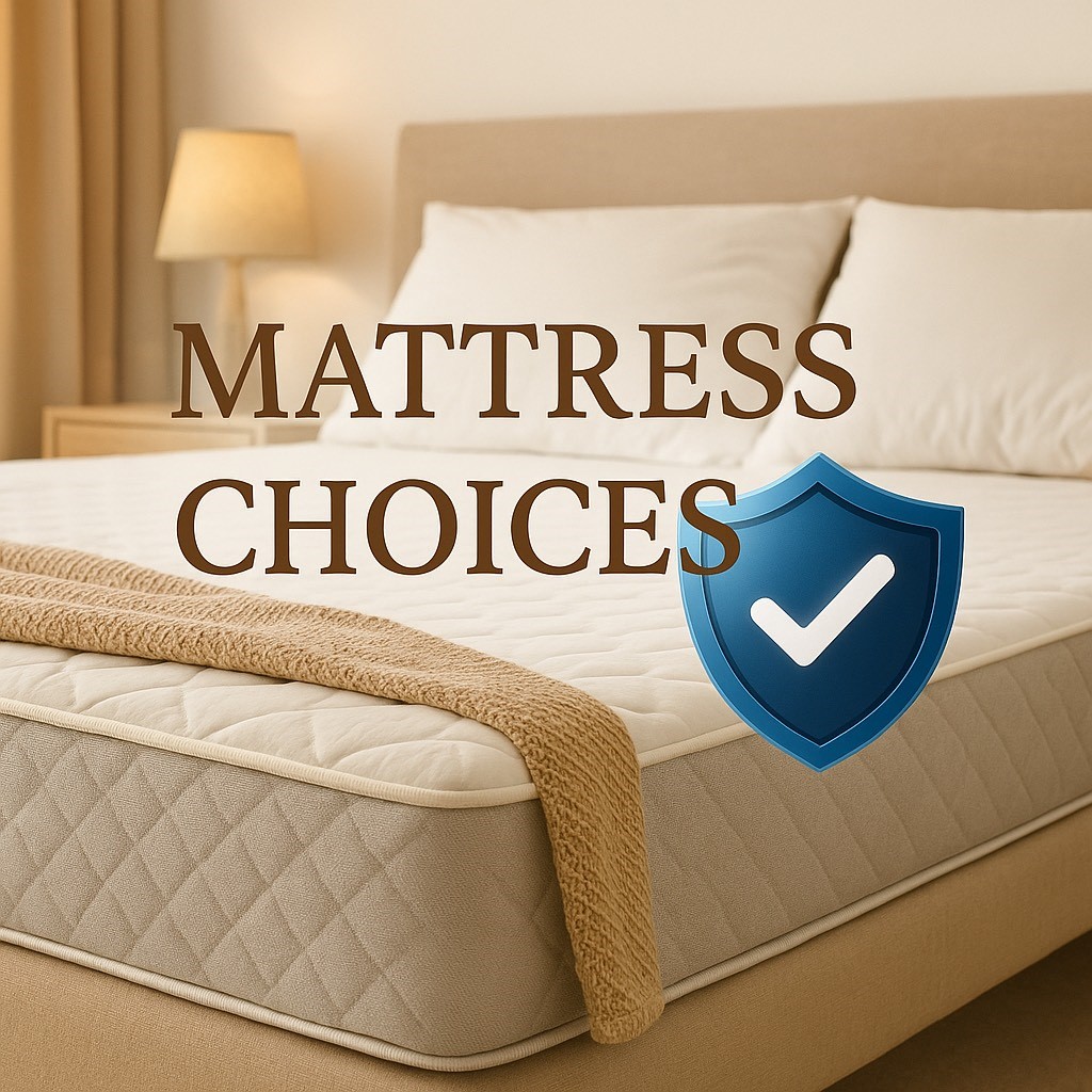 Premium Mattress choices for seniors with a cozy bedroom scene and a blue shield icon representing comfort and support