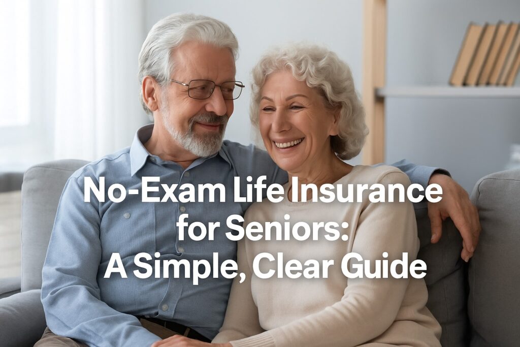 No-Exam Life Insurance for Seniors: A Simple, Clear Guide 2 Senior couple smiling on the couch while reviewing a no-exam life insurance guide.