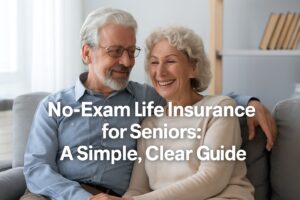 Kitchen Safety Tips for Seniors 8 Senior couple smiling on the couch while reviewing a no-exam life insurance guide.