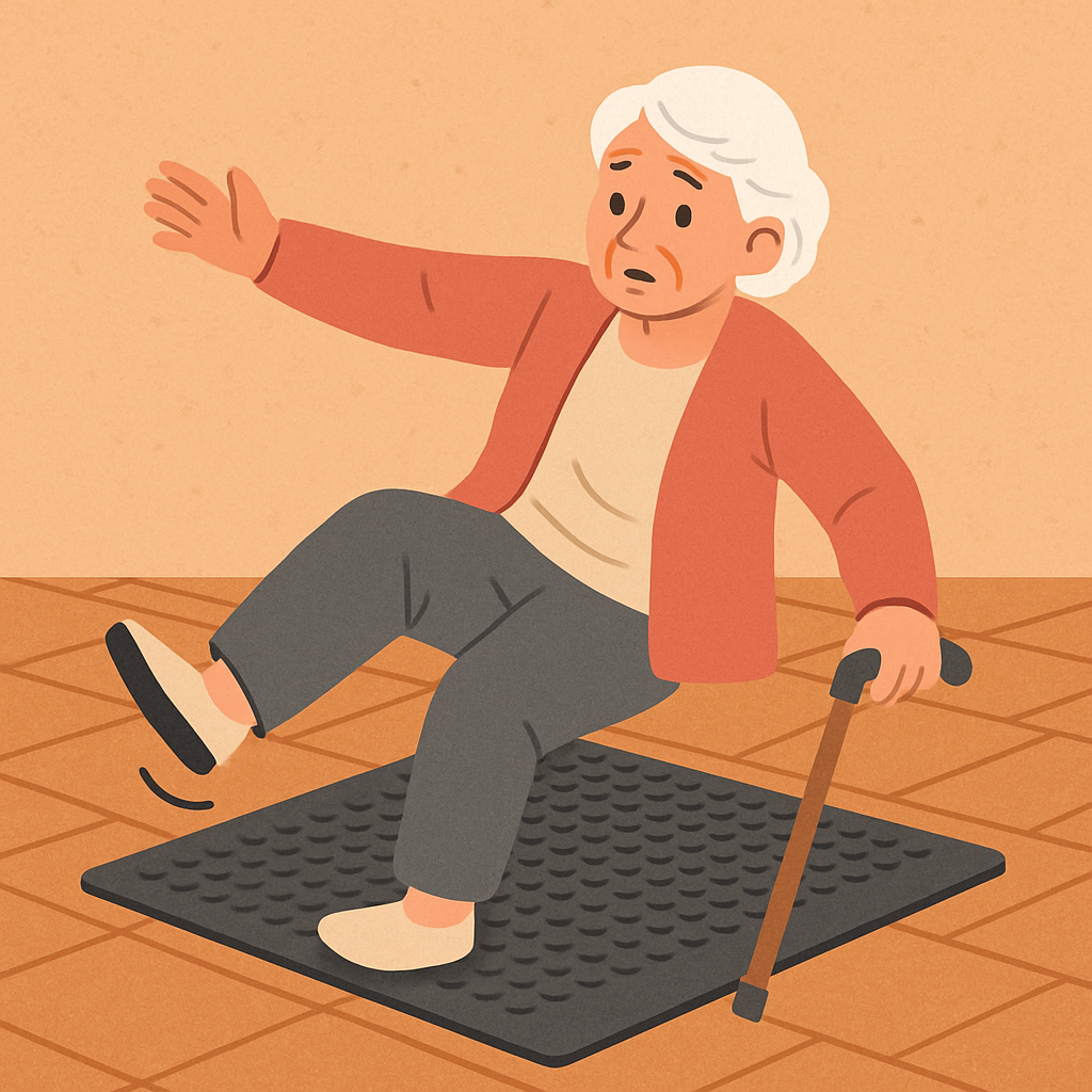 The Best Non-Slip Flooring Choices for Safer, More Confident Movement After 60 3 Elderly woman slipping on a non-slip floor mat, showing why slip-resistant flooring is important for senior safety.