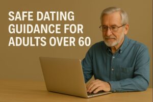 Senior Discounts on Travel: How to Save Big on Your Next Trip 4 Older man using a laptop while reading safe dating guidance for adults over 60 on a warm beige background.